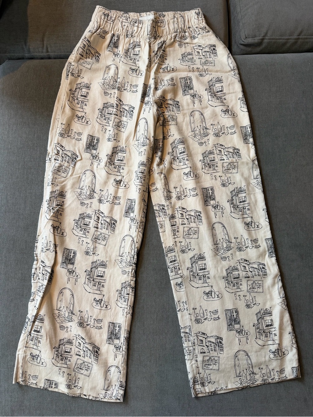 Abercrombie & Fitch Printed Pull On Wide Leg Pants Cream Black XS SHORT